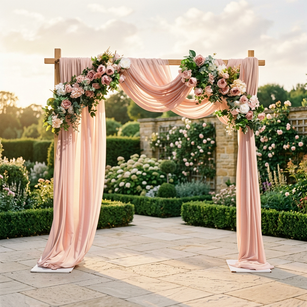 Blush draped wedding chuppah with garden rose clusters