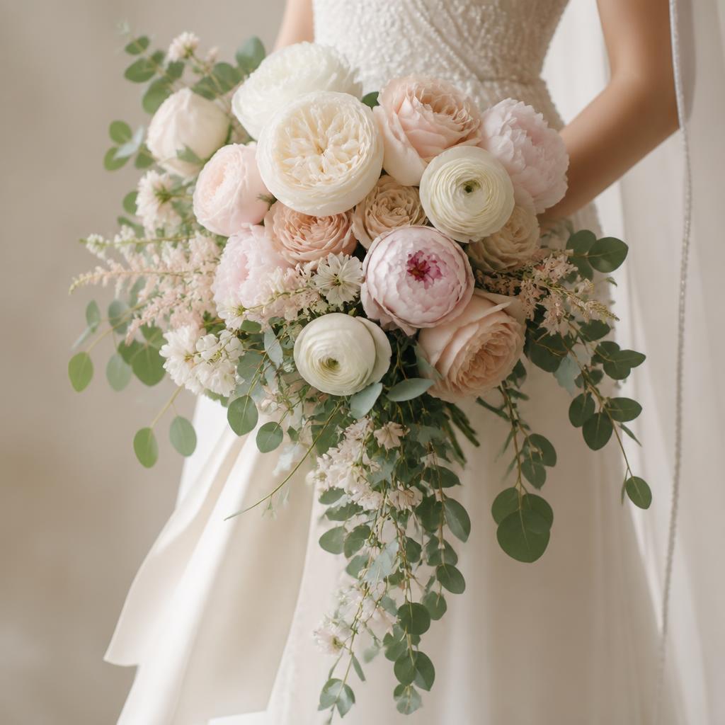 Bridal bouquet of garden roses, peonies and ranunculus