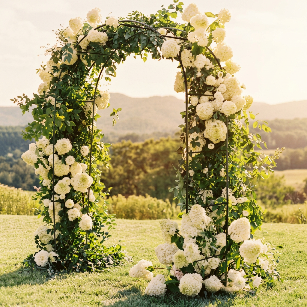 Ivory hydrangea garden arch at golden hour