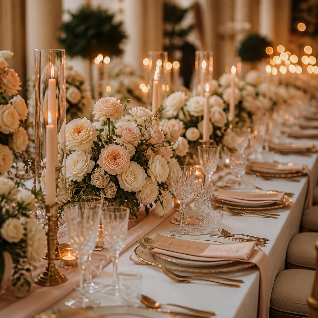 Wedding reception long table with ivory and blush centerpieces and taper candles